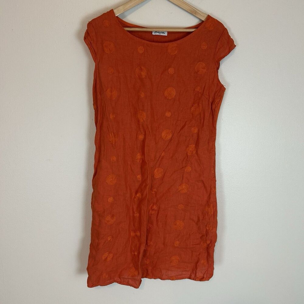 Linen Size 6 Made In Paris Dress Orange Polka Dot Shift Knee Length Mixed Media